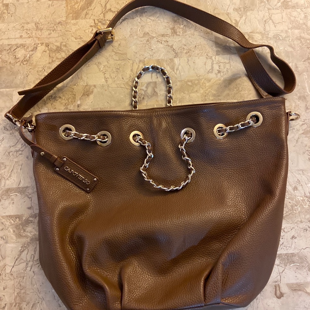 Capoverso Italian Pebbled Leather Gold Hardware Crossbody Brown NWOT